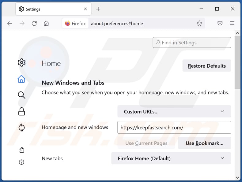 Keepfastsearch.com van Mozilla Firefox-homepage verwijderen