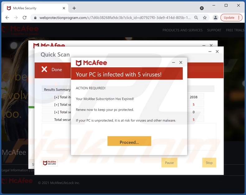 McAfee - Your PC is infected with 5 viruses! scam