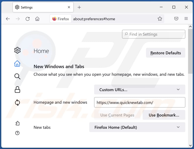 Quicknewtab.com van Mozilla Firefox-homepage verwijderen