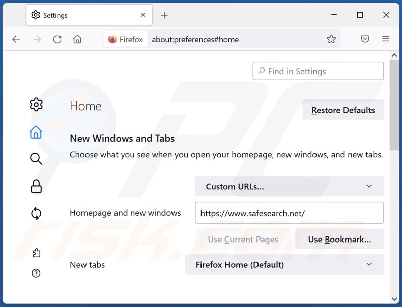 Safesearch.net van Mozilla Firefox-homepage verwijderen