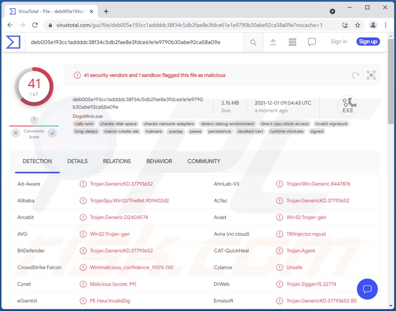 SpyAgent malware detecties op VirusTotal