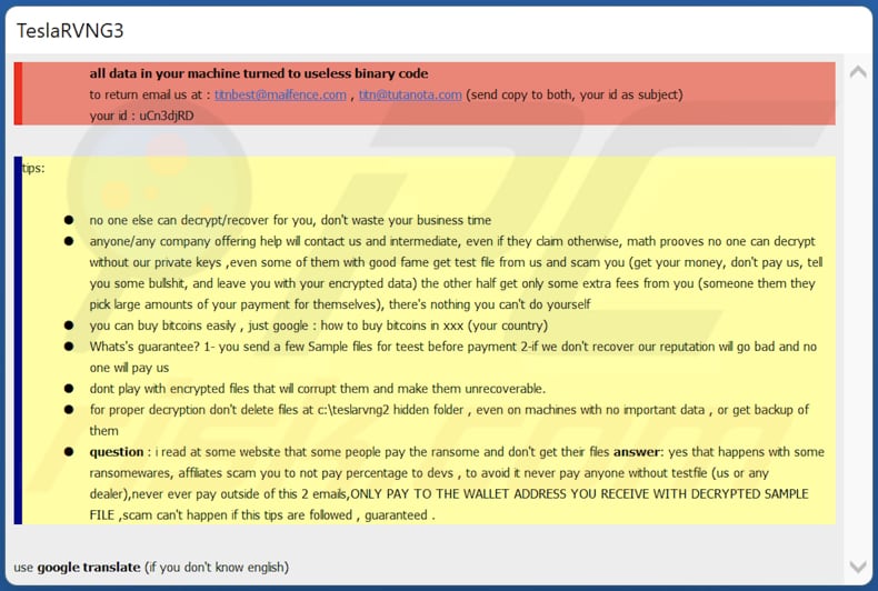 TeslaRVNG3 ransomware tekstbestand (teslarvng3.hta)