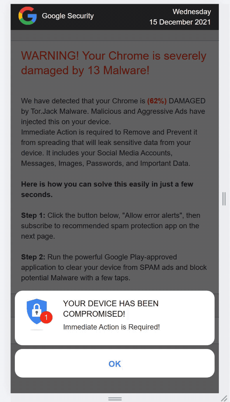 Your Device Has Been Compromised scam weergave (GIF)