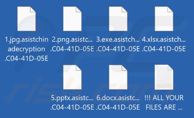 Bestanden versleuteld door Asistchinadecryption ransomware (.asistchinadecryption en ID van een slachtoffer als de extensie)