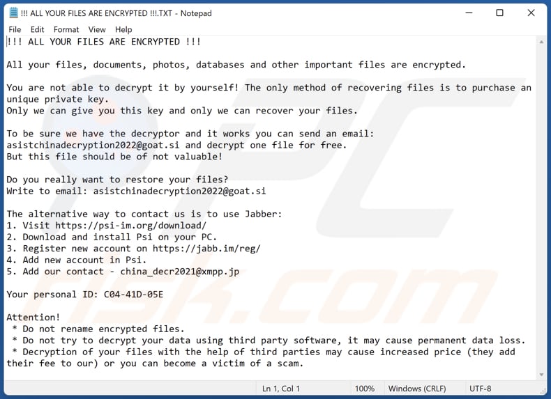 Asistchinadecryption ransomware tekstbestand (!!! ALL YOUR FILES ARE ENCRYPTED !!!.TXT)