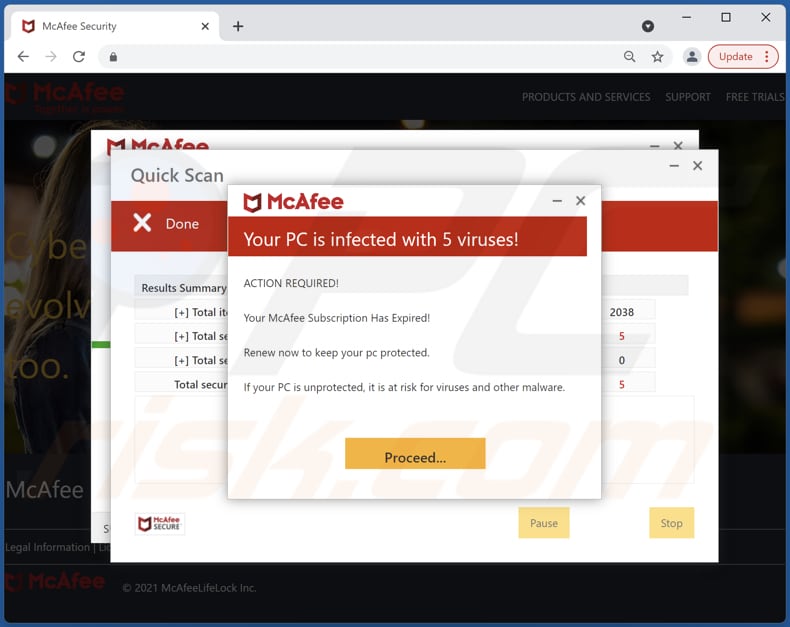 mcafee subscription has expired email scam misleidende website