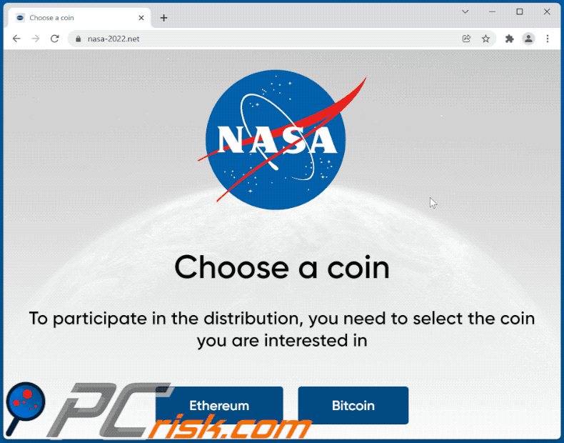 Weergave van NASA ETH en BTC Giveaway scam (GIF)
