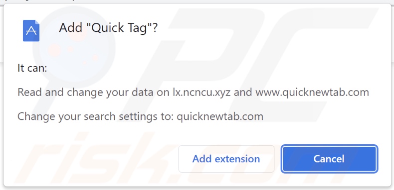 Quick Tag browser hijacker vraagt om machtigingen