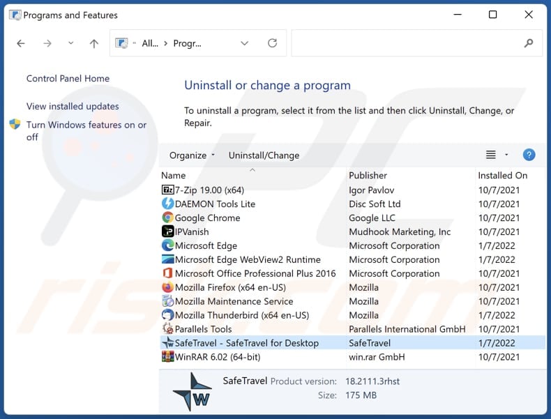 SafeTravel adware verwijderen via Configuratiescherm