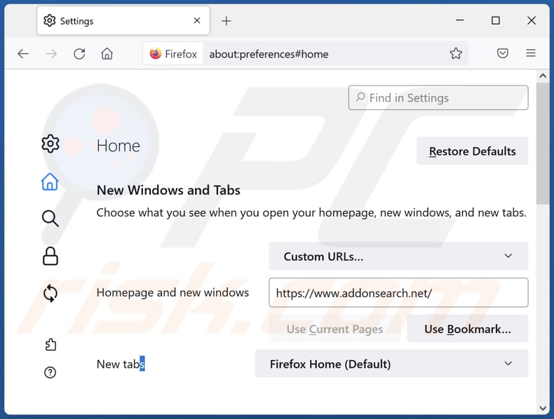 Addonsearch.net van Mozilla Firefox-homepage verwijderen