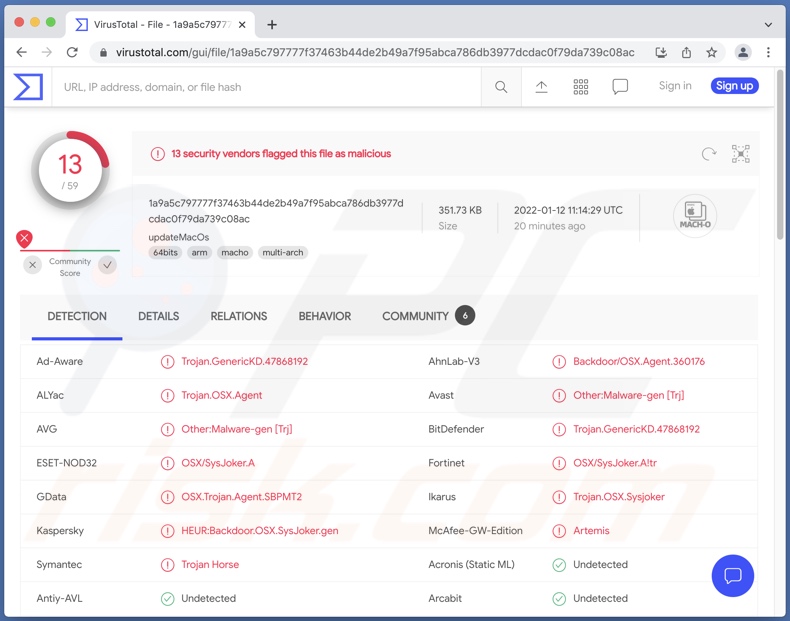 SysJoker malware detections on VirusTotal