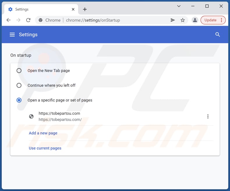Verwijderen van tobepartou.com uit Google Chrome startpagina