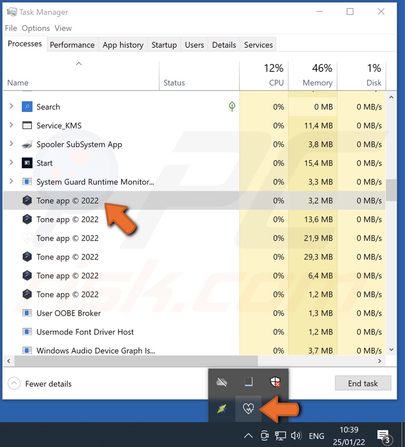 Tone adware app en proces (Tone app (c) 2022 - procesnaam)