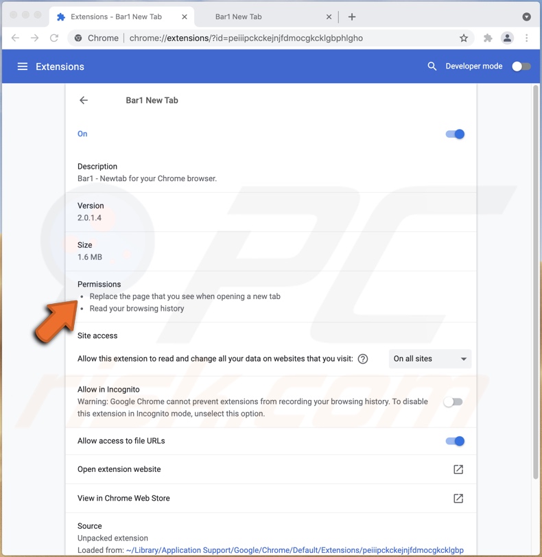 Bar1 New Tab browser hijacker Chrome toestemmingen