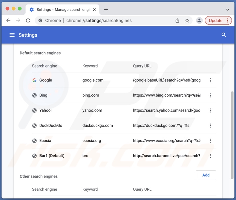 Bar1 New Tab browser hijacker zoekmachine (barone.live) ingesteld als standaard in Chrome