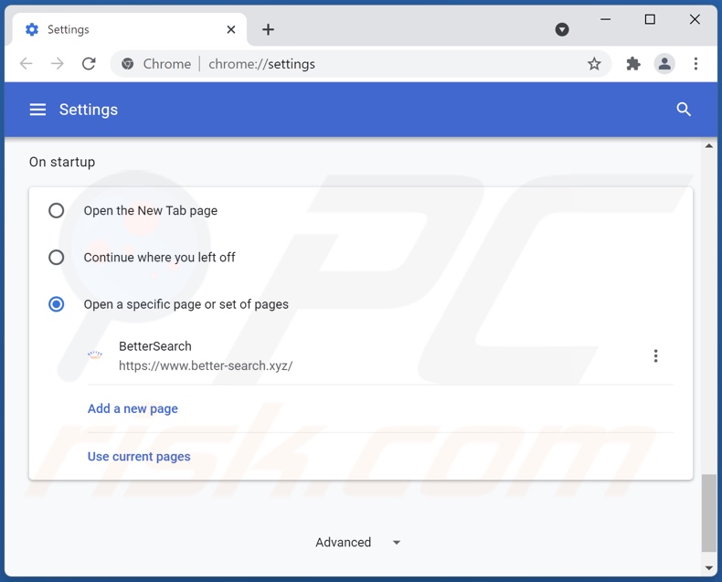 Better-search.xyz verwijderen van de startpagina van Google Chrome