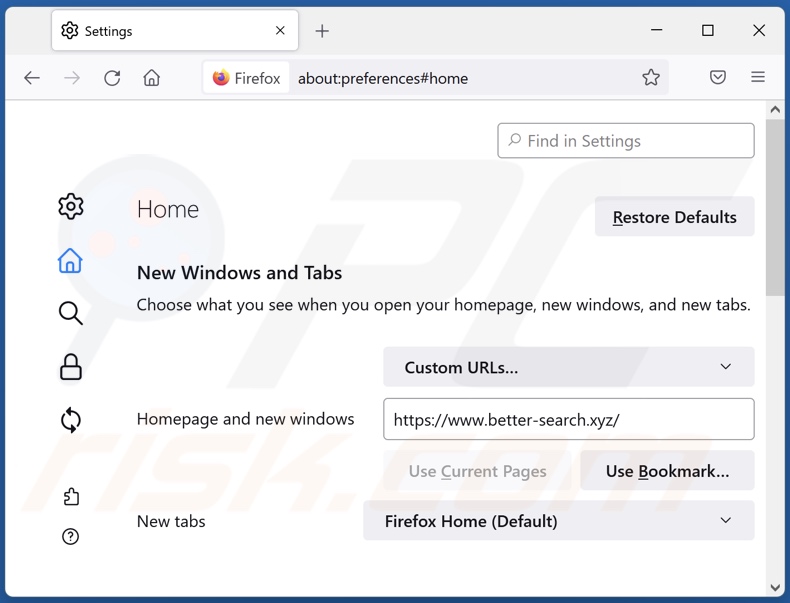 Better-search.xyz verwijderen van de startpagina van Mozilla Firefox