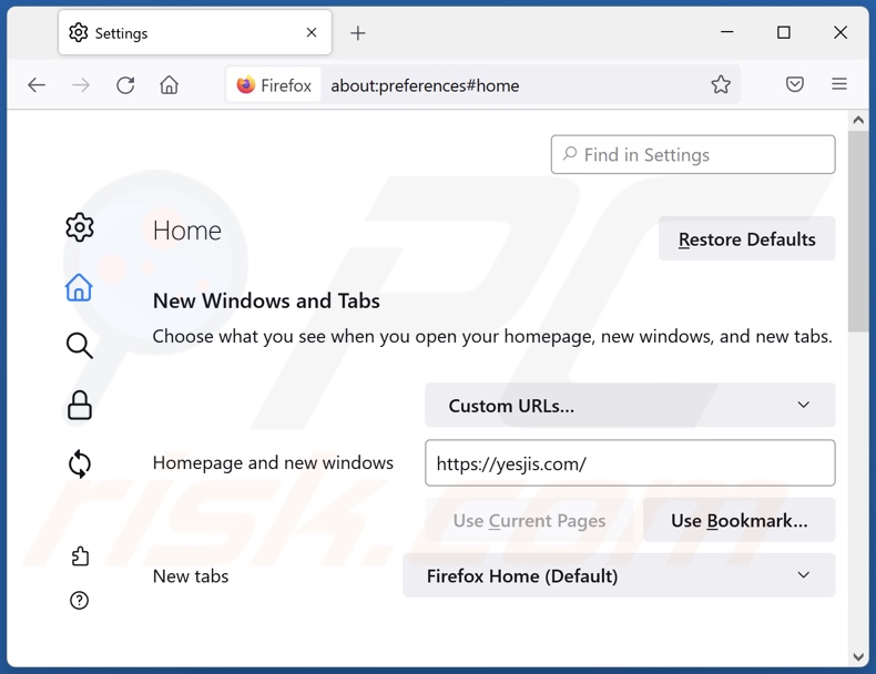 Yesjis.com van Mozilla Firefox-startpagina verwijderen