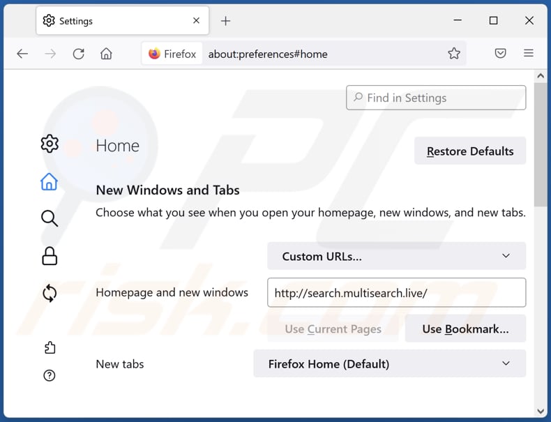 Search.multisearch.live verwijderen van Mozilla Firefox homepage