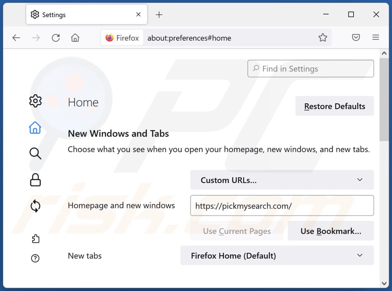 Pickmysearch.com van Mozilla Firefox-homepage verwijderen