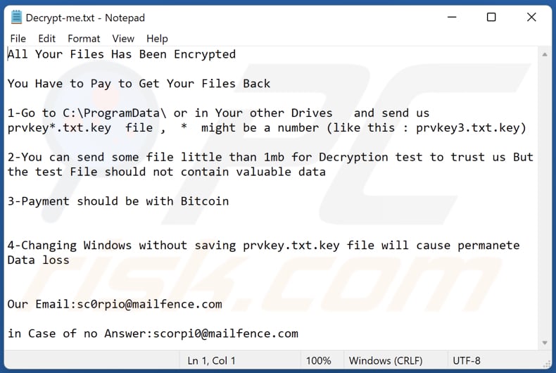 Scorp ransomware tekstbestand (Decrypt-me.txt)