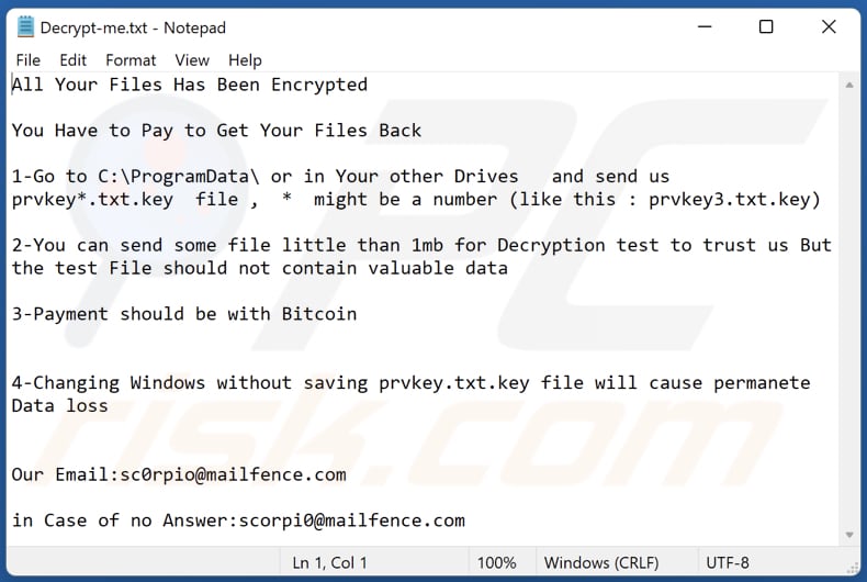 Scorp ransomware tekstbestand (Decrypt-me.txt)