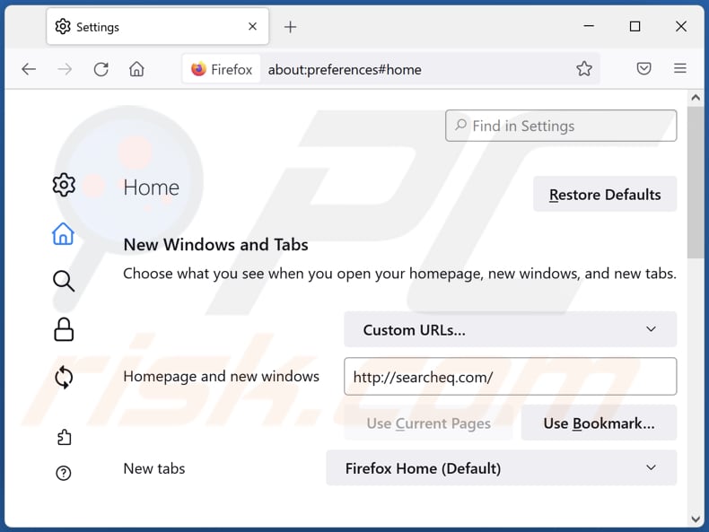 Verwijderen van searcheq.com uit Mozilla Firefox startpagina