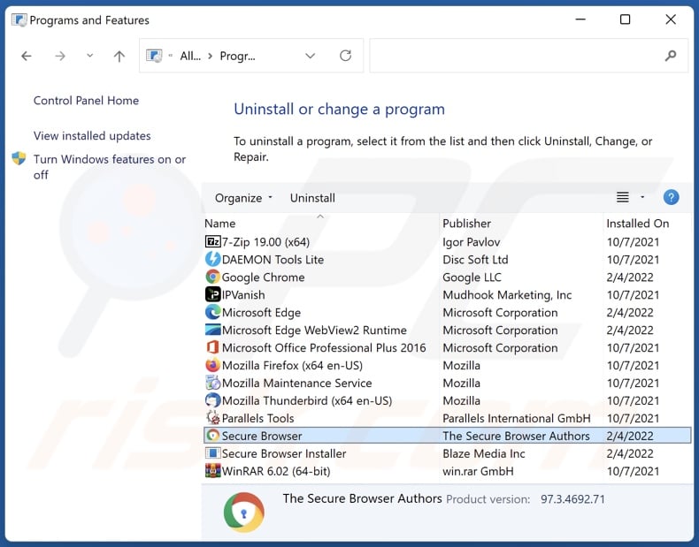 Secure Browser adware uninstall via Control Panel