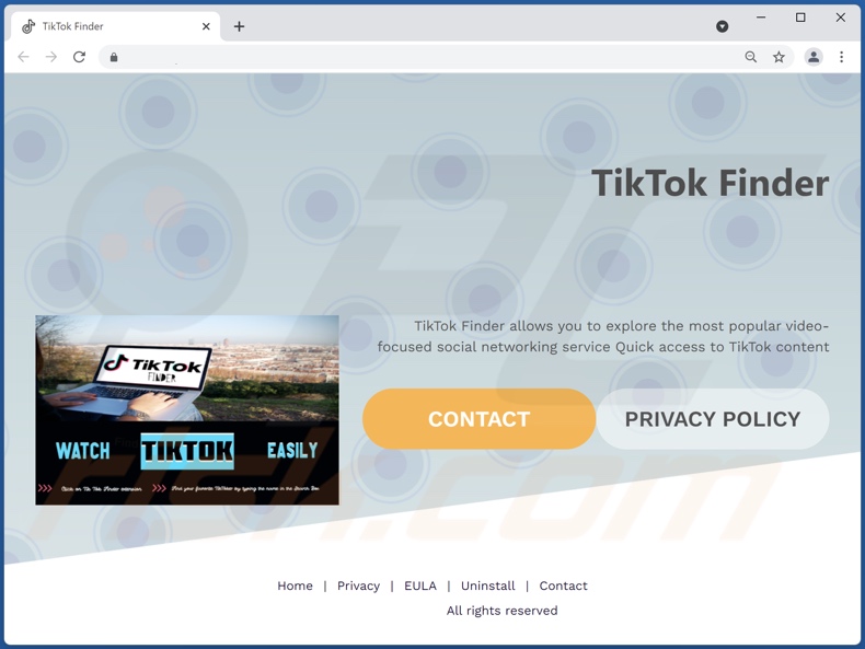 Website die TikTok Finder adware promoot