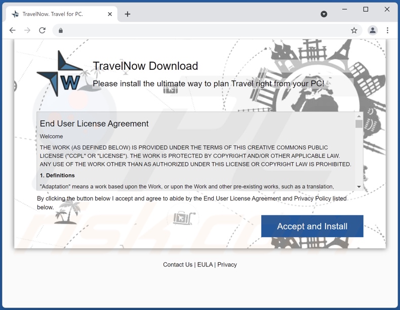 Website die TravelNow adware promoot