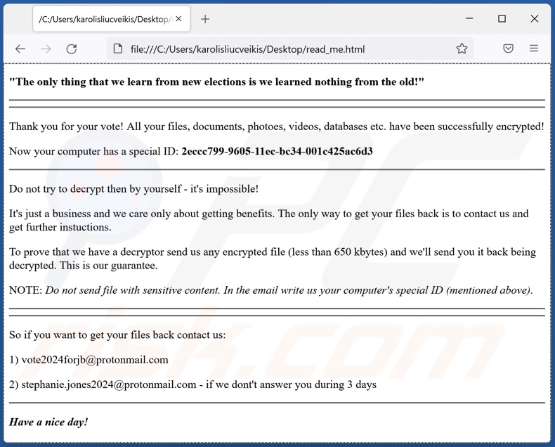 Vote2024 ransomware bericht waarin losgeld wordt gevraagd (read_me.html)