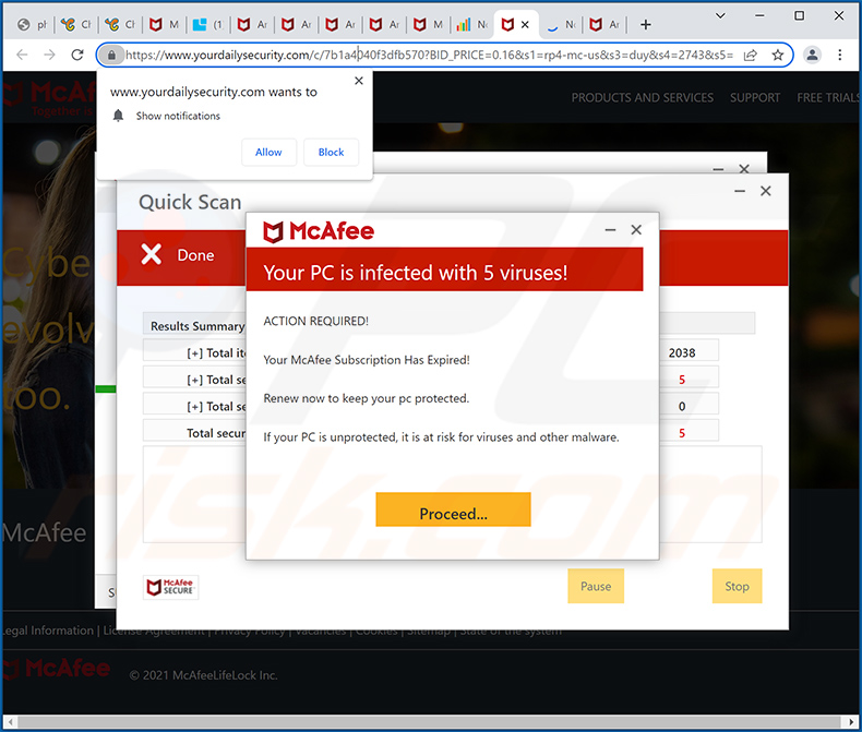 yourdailysecurity.com die McAfee - Your PC is infected with 5 viruses! pop-up scam promoot