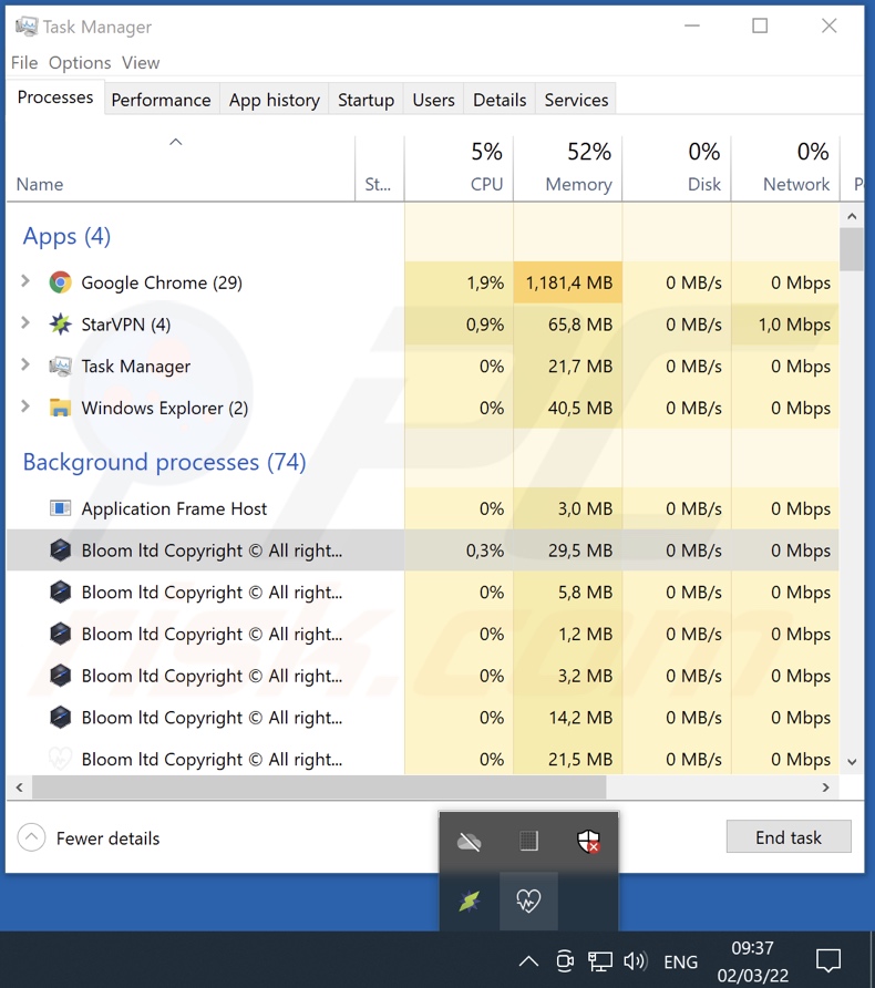 Bloom adware proces op Taakbeheer (Bloom ltd Copyright © Alle rechten voorbehouden - procesnaam)