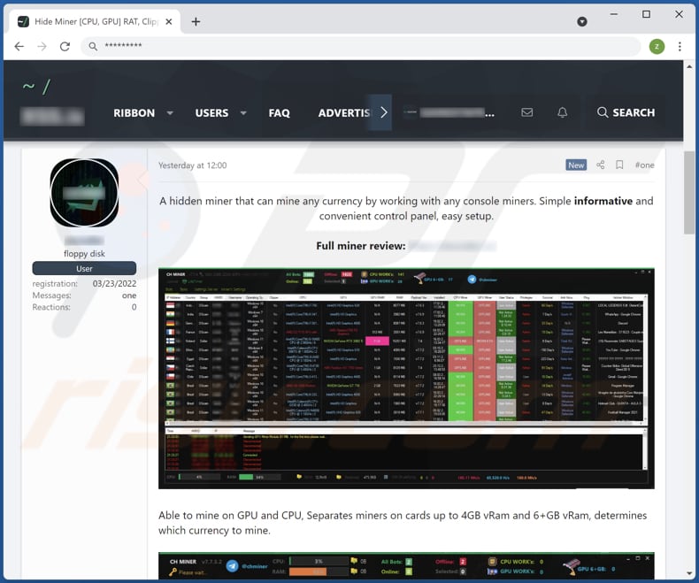 CH Miner malware gepromoot op hacker forum