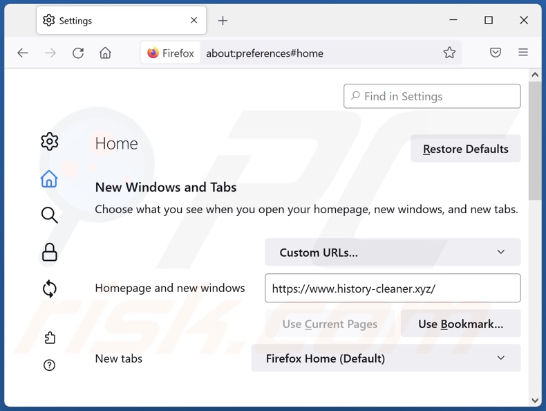 History-cleaner.xyz van Mozilla Firefox-homepage verwijderen