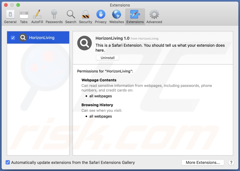 HorizonLiving adware geïnstalleerd op Safari