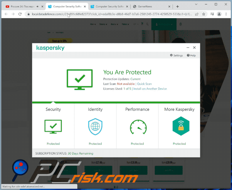 Weergave van Kaspersky - Your PC is infected with 5 viruses! scam