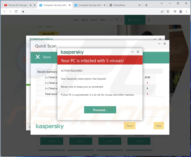 Kaspersky - Your PC is infected with 5 viruses! scam