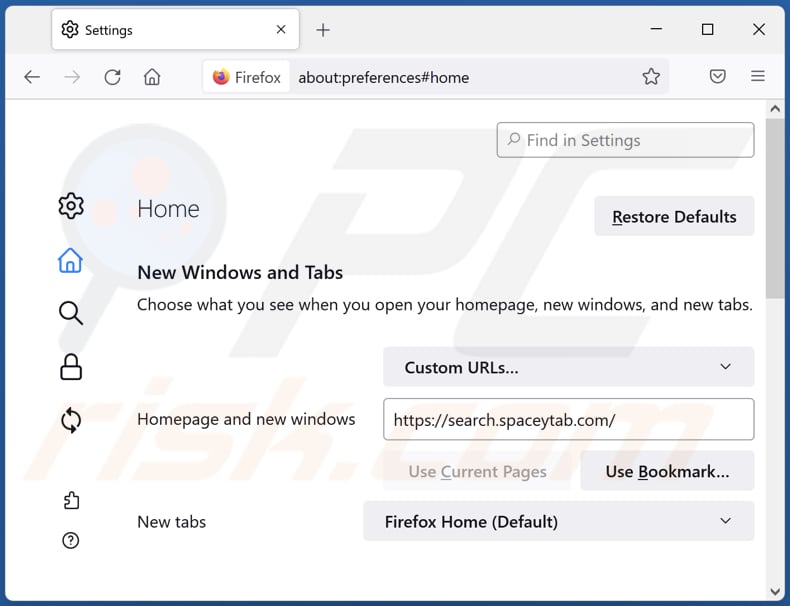 Search.spaceytab.com verwijderen uit Mozilla Firefox-homepage
