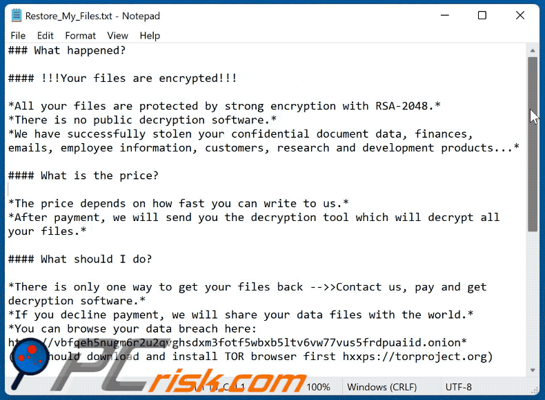 pandora ransomware losgeld nota Restore_My_Files.txt weergave
