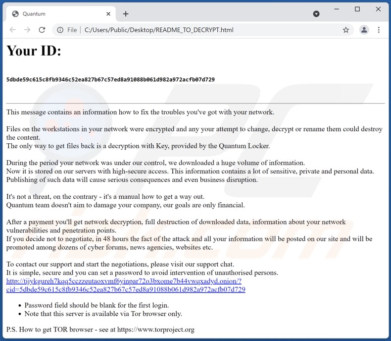 Quantum ransomware HTML bestand (README_TO_DECRYPT.html)
