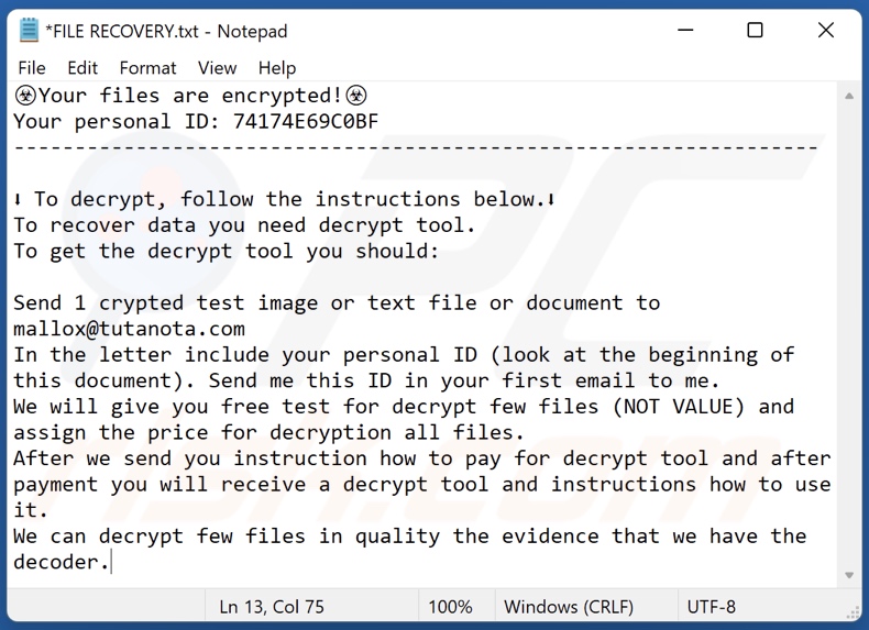 Bozon ransomware losgeld-eisend bericht (FILE RECOVERY.txt)