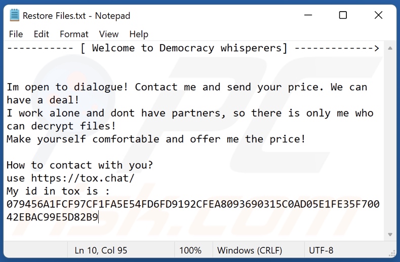 Democratie Whisperers ransomware losgeld-eisend bericht (Restore Files.txt)