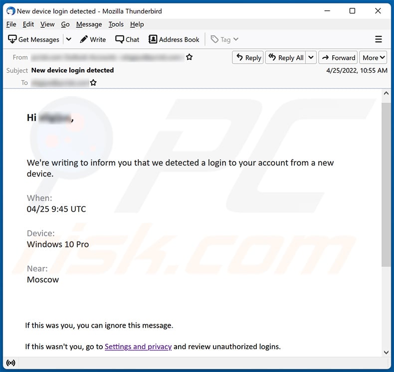 we detected a login to your account from a new device email scam (2022-04-26)