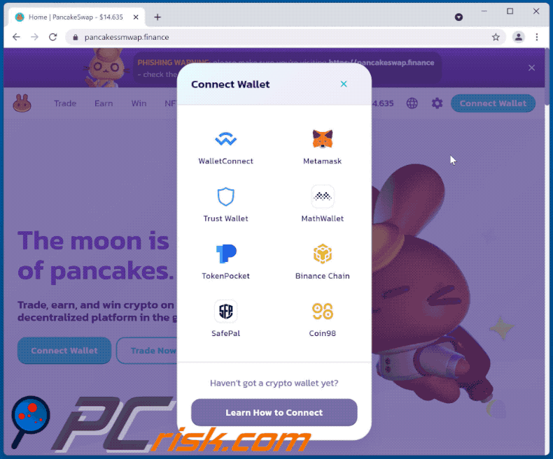 PancakeSwap scam e-mail gepromoot phishing-site (GIF)