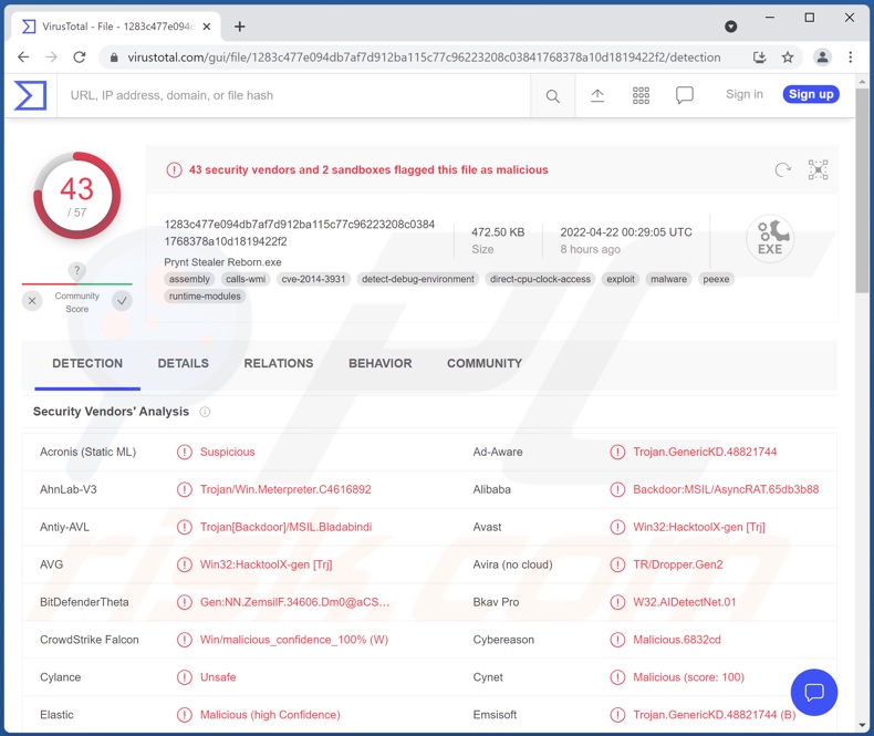 Prynt Stealer malwaredetecties op VirusTotal