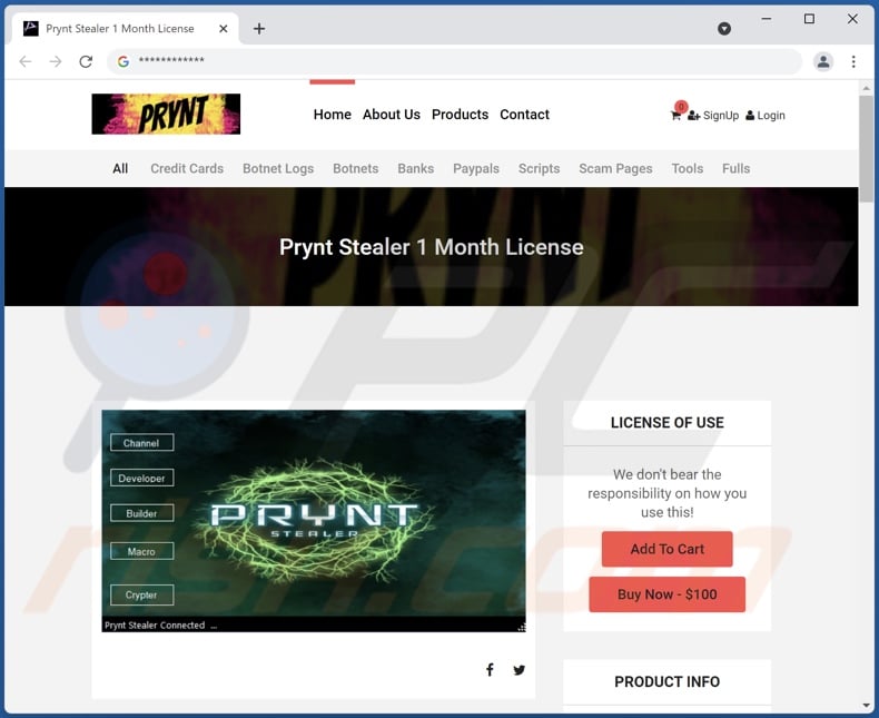Prynt Stealer malware die website promoot