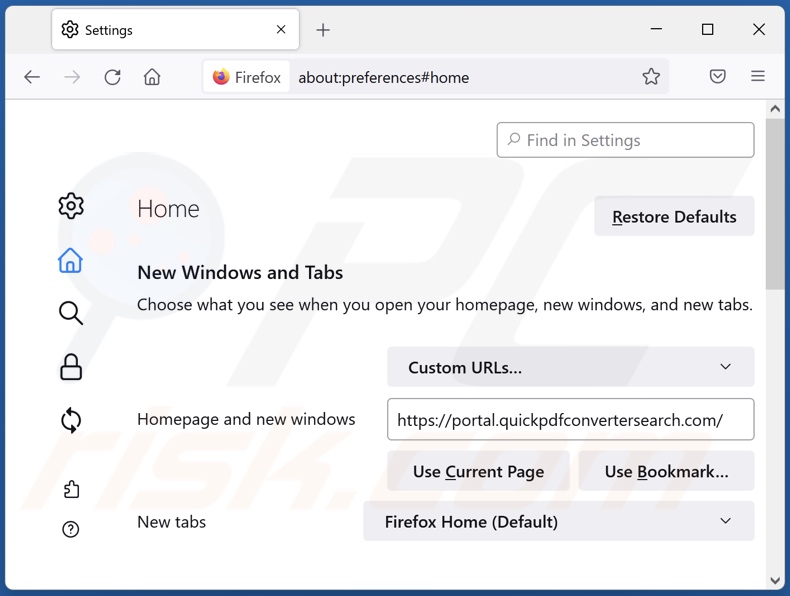 Quickpdfconvertersearch.com van Mozilla Firefox-homepage verwijderen