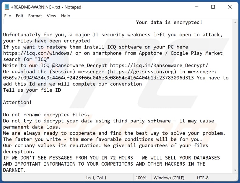 Session ransomware tekstbestand (+README-WARNING+.txt)