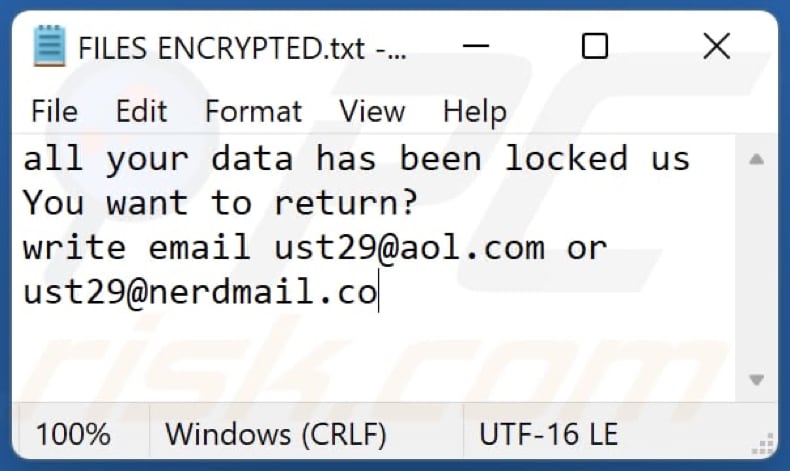 Ust29 ransomware losgeld bericht (FILES ENCRYPTED.txt)